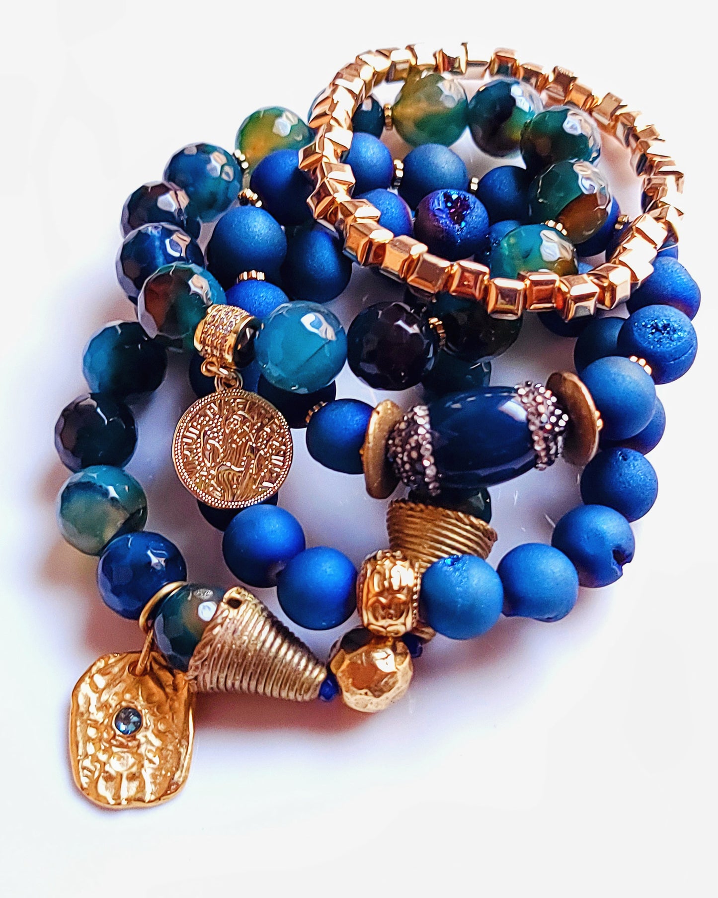 Blue Persuasion Druzy Agate Hematite and Agate 5-strand Stak Set