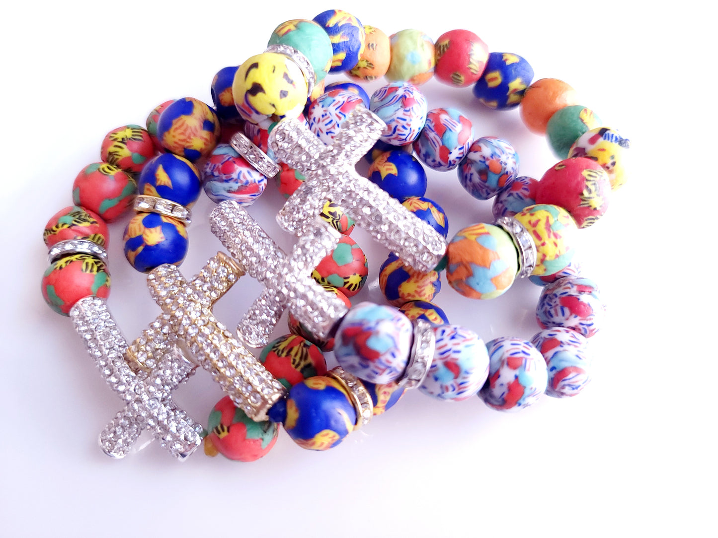 Rhinestone Bling Cross & Mixed Fused Matte Krobo Bead Singles