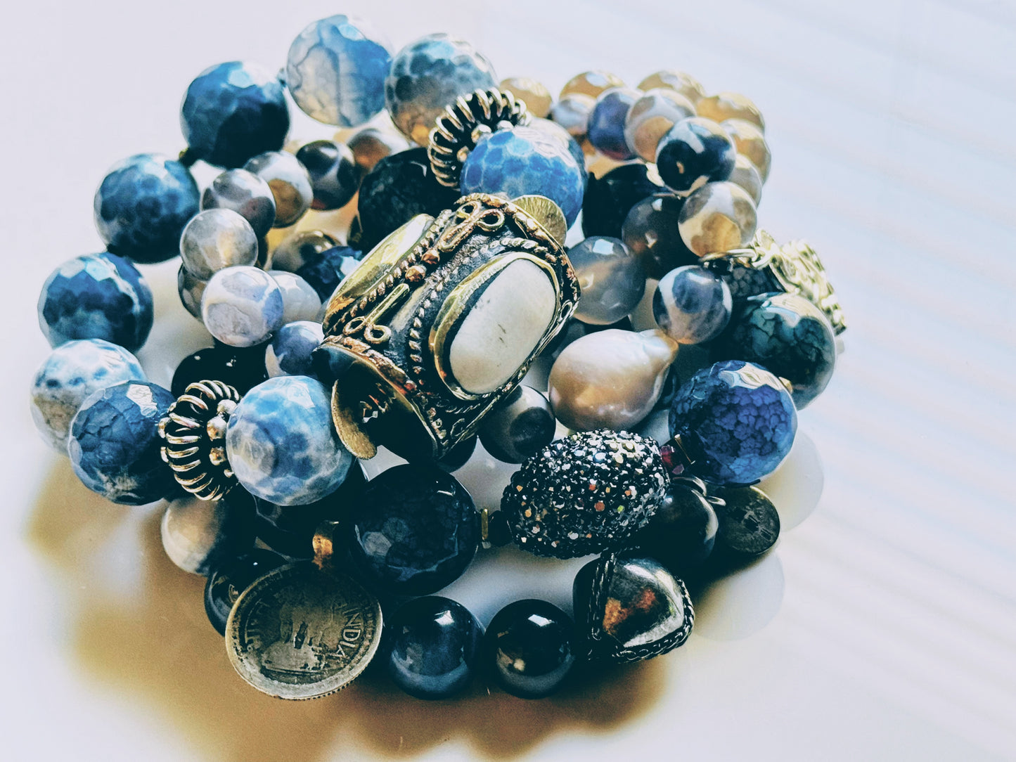 Rain Inspired Chunky Agate Tibetan Focal 5-Strand Statement Stack