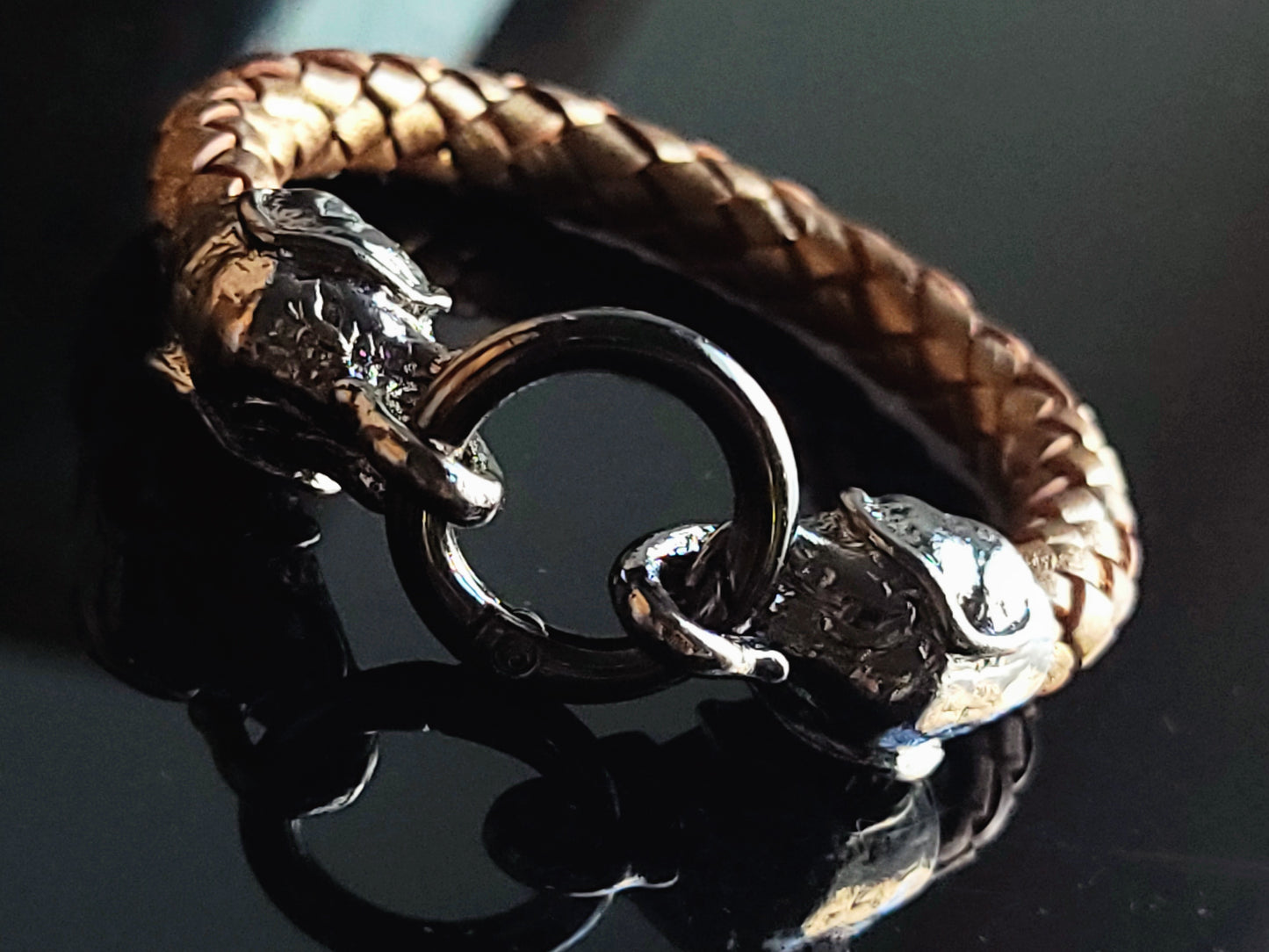 Genuine Woven Leather Large Elephant/Dragon Head Clasp Focal Unisex Statement Single Bracelet