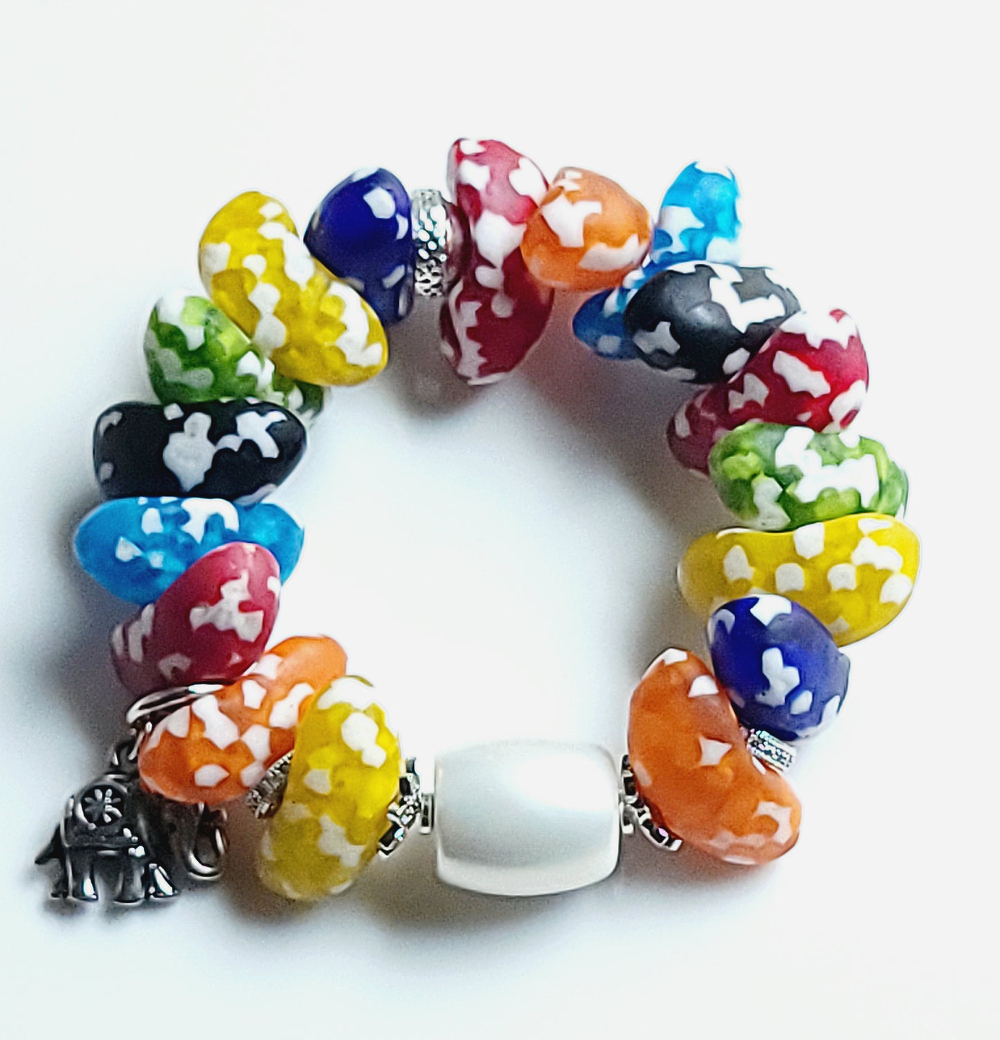 Jelly Bean Jean Mixed Krobo Bead MOP Focal Statement Stretch Bracelet