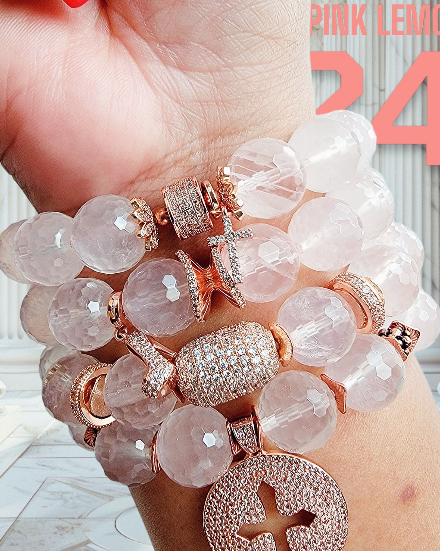 Pink Lemonade & Ice Rose Quartz Rose Gold Pave Stak Set