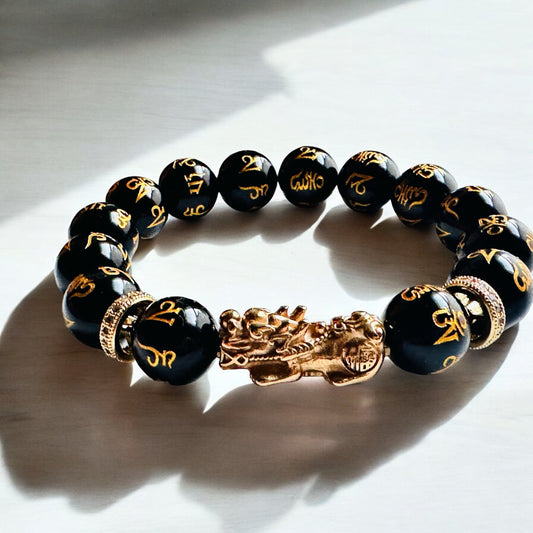 Carved Om Mane Padme Onyx Gold Plated Steel Pixiu Unisex Bracelet