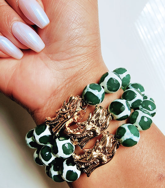 Bowser Inspired Green & White Tibetan Agate Pixu Bracelet