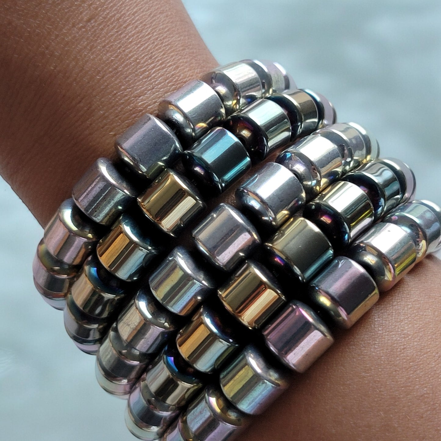 Electro AI Inspired Electroplated Hematite Unisex Stak Bracelet Set