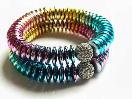 Electroplated Rainbow Hematite with Pave Ball Center Bracelet