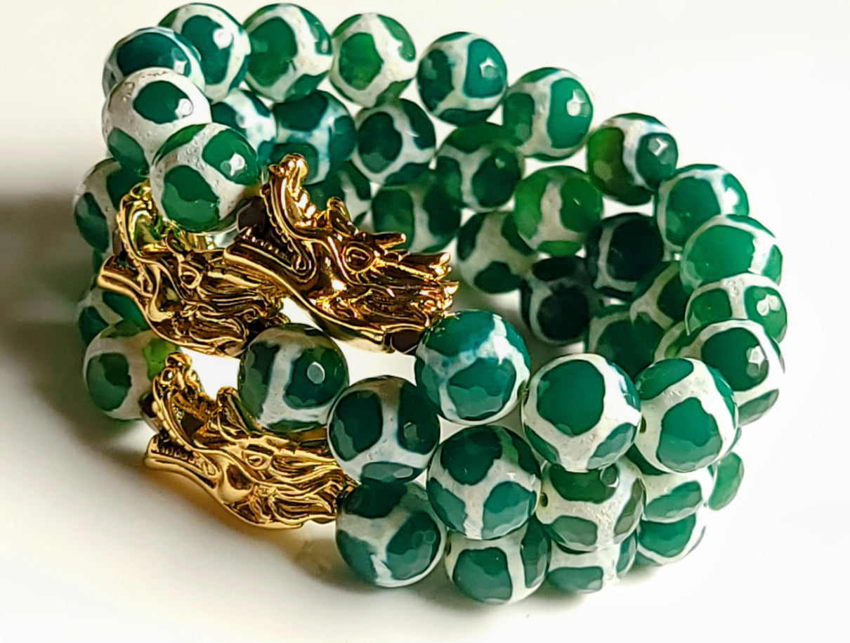 Bowser Inspired Green & White Tibetan Agate Pixu Bracelet