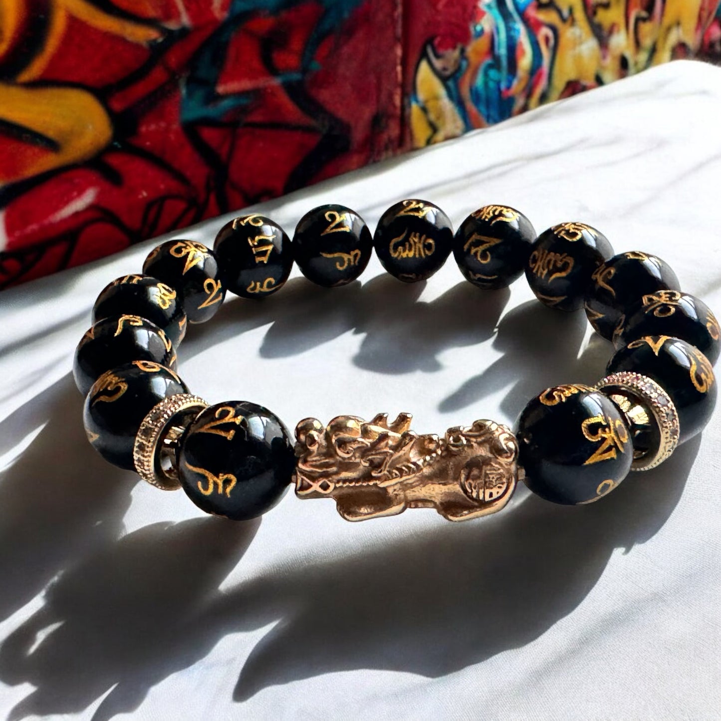 Carved Om Mane Padme Onyx Gold Plated Steel Pixiu Unisex Bracelet