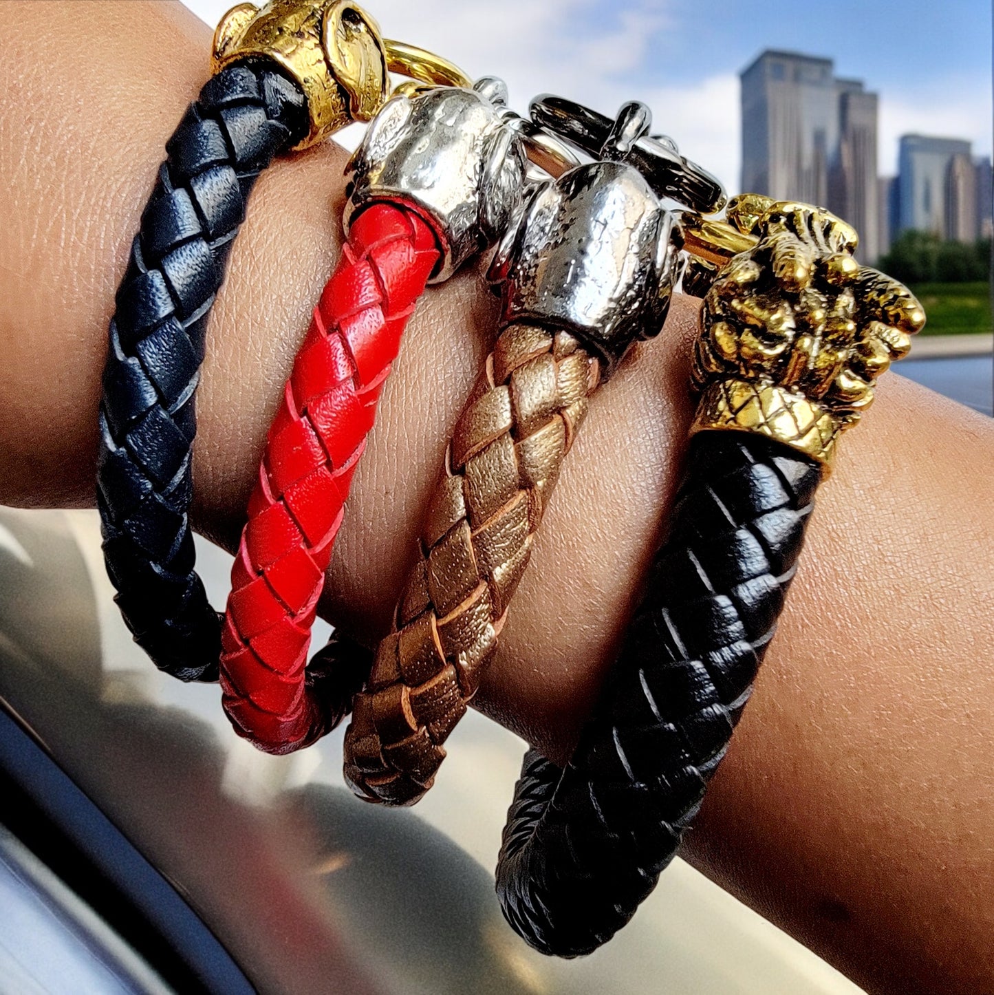 Genuine Woven Leather Large Elephant/Dragon Head Clasp Focal Unisex Statement Single Bracelet